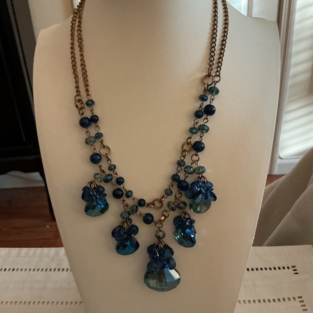 Peacock Blue Crystal Chandelier Gold Tone Necklace